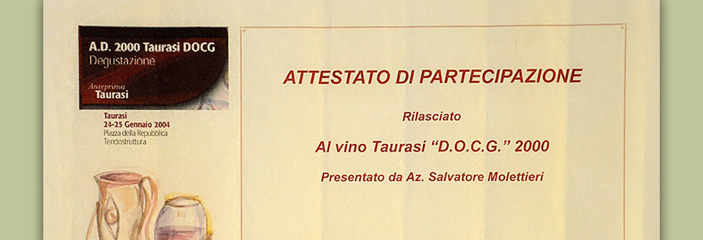 Taurasi preview: certificate of participation in Taurasi DOCG “Vigna Cinque Querce” 2000