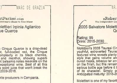 Robert Parker Guide: 95/100 in Taurasi DOCG “Vigna Cinque Querce” 2005