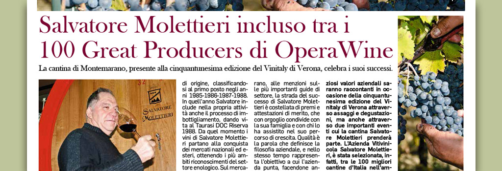 Salvatore Molettieri included among the 100 Great Producers of Opera Wine