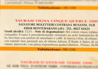 Il Sommelier Italiano: 88/100 a Taurasi DOCG “Vigna Cinque Querce” 1995