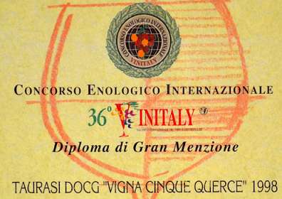 36° Vinitaly: Gran Menzione al Taurasi DOCG “Vigna Cinque Querce” 1998