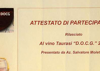 Anteprima Taurasi: attestato di partecipazione a Taurasi DOCG “Vigna Cinque Querce” 2000