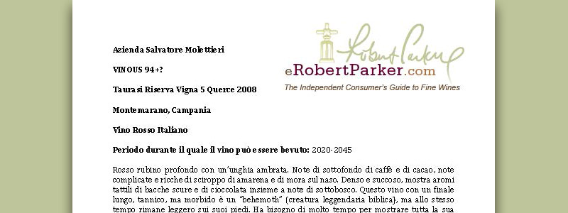 eRobertParker.com – Taurasi Vigna Cinque Querce 2009 – Aglianico Vigna Cinque Querce (Campi Taurasini Irpinia) 2011